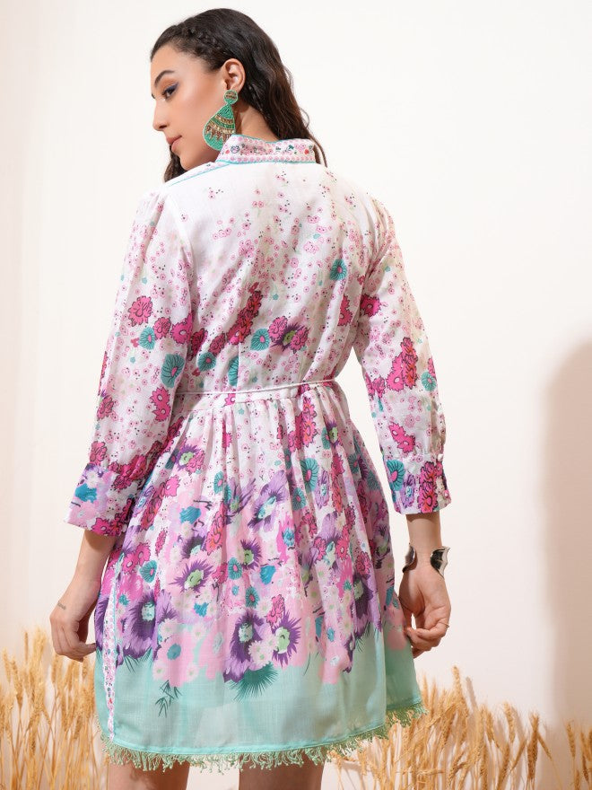 Vishudh women White Printed Shirt Dress - White - Image 3