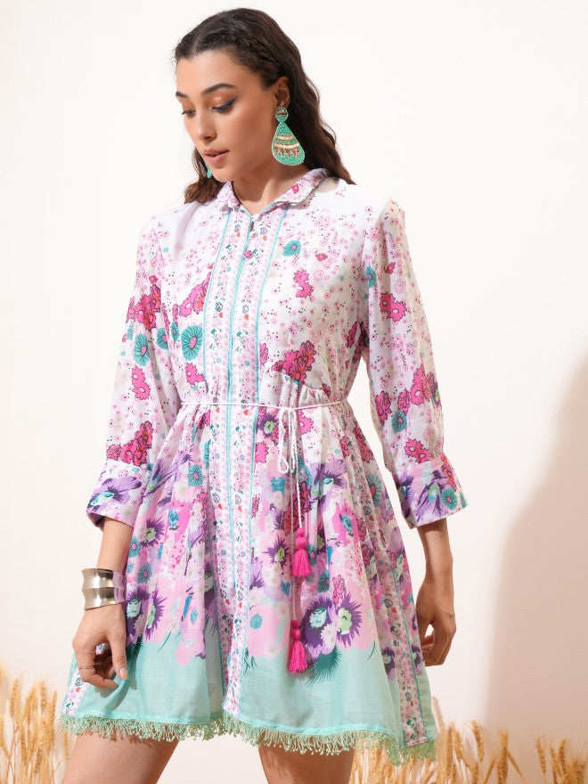 Vishudh women White Printed Shirt Dress - White - Image 4