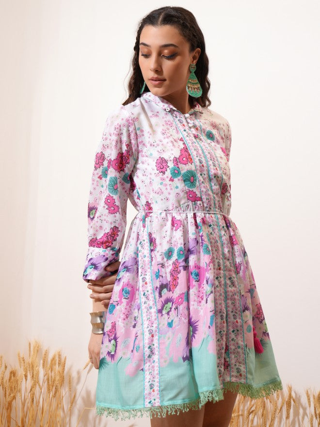 Vishudh women White Printed Shirt Dress - White - Image 6
