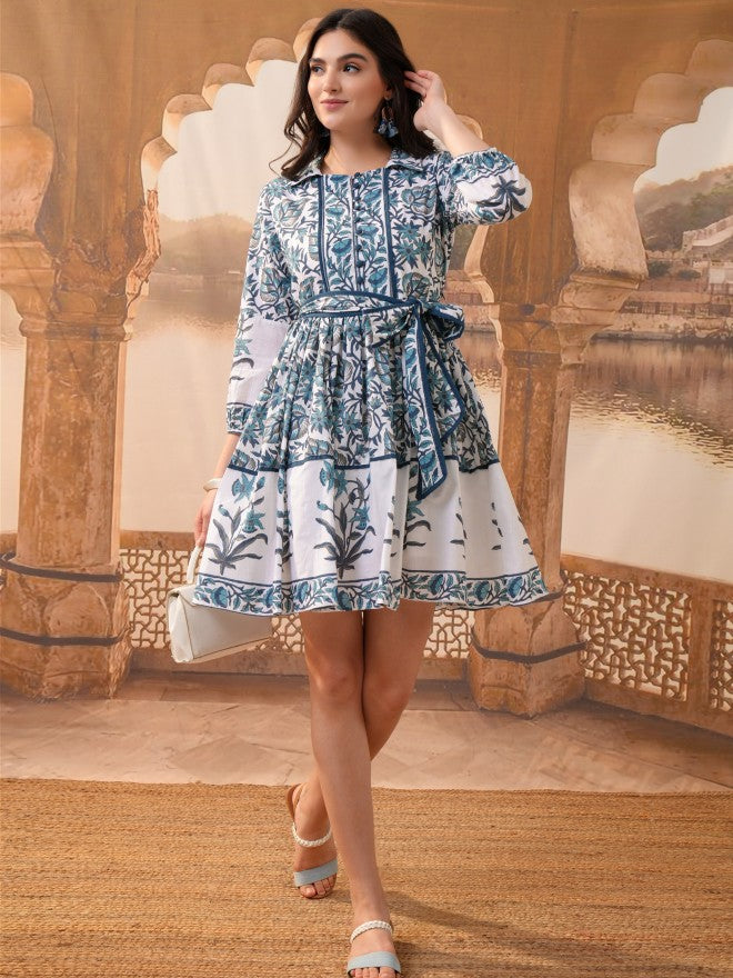 Vishudh Women Blue Printed Fit And Flare Dress - Blue - Image 2
