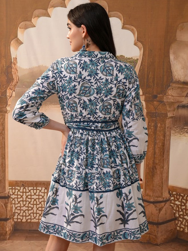 Vishudh Women Blue Printed Fit And Flare Dress - Blue - Image 3
