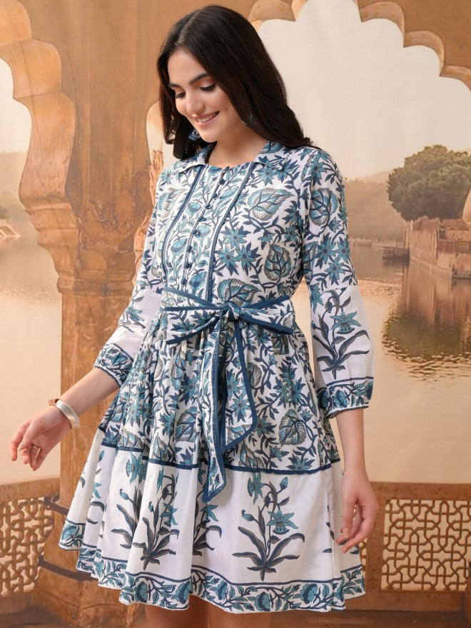 Vishudh Women Blue Printed Fit And Flare Dress - Blue - Image 4