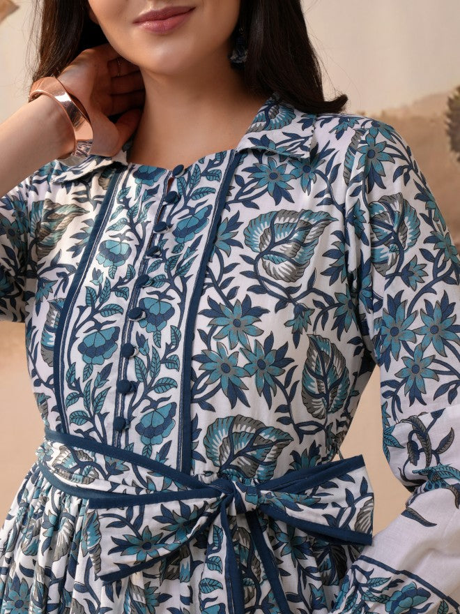 Vishudh Women Blue Printed Fit And Flare Dress - Blue - Image 5