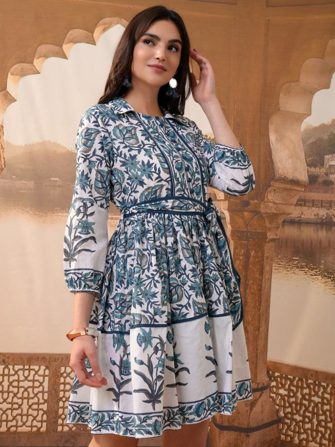 Vishudh Women Blue Printed Fit And Flare Dress - Blue - Image 6