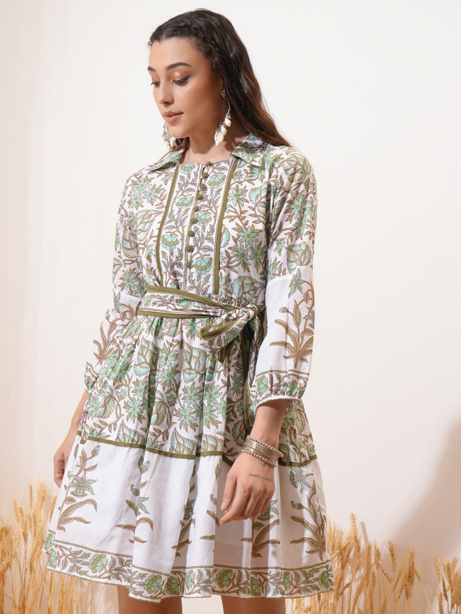 Vishudh Women Green Printed Fit And Flare Dress - Green - Image 1