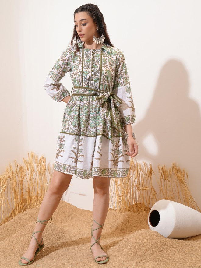 Vishudh Women Green Printed Fit And Flare Dress - Green - Image 2
