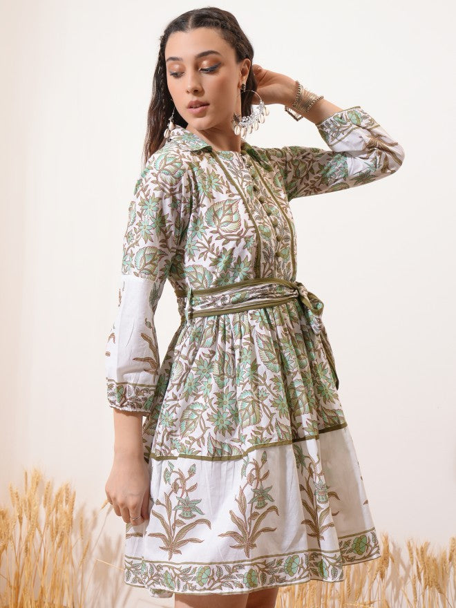 Vishudh Women Green Printed Fit And Flare Dress - Green - Image 6
