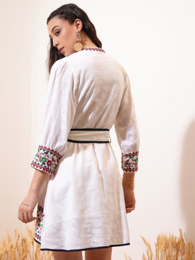 Vishudh Women Off White Embroidered Fit And Flare Dress - Off White - Image 3