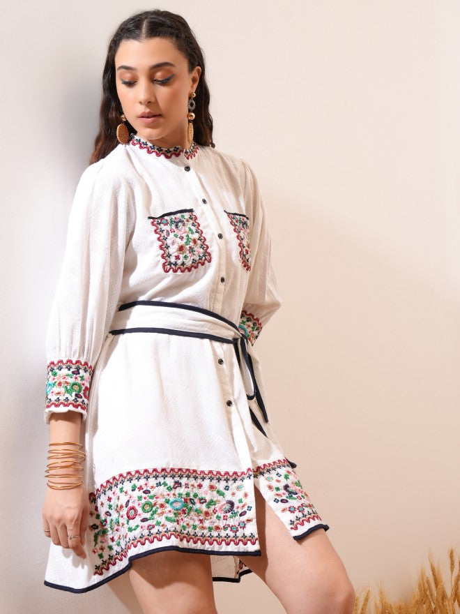 Vishudh Women Off White Embroidered Fit And Flare Dress - Off White - Image 6