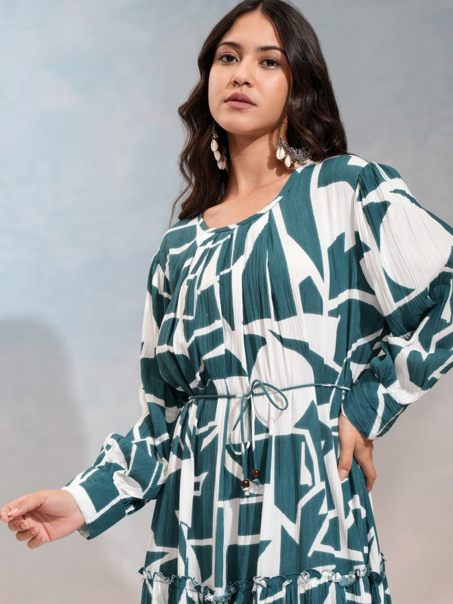 Vishudh Women Blue Printed Fit And Flare Dress - Blue - Image 1