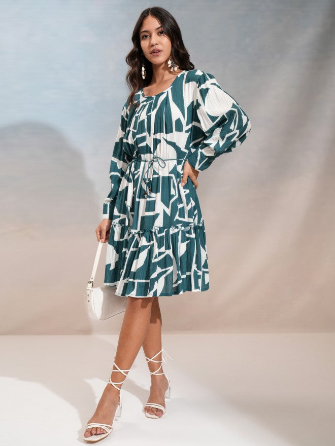 Vishudh Women Blue Printed Fit And Flare Dress - Blue - Image 2