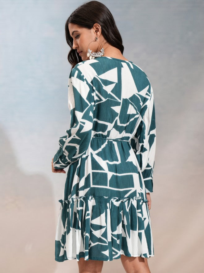 Vishudh Women Blue Printed Fit And Flare Dress - Blue - Image 3