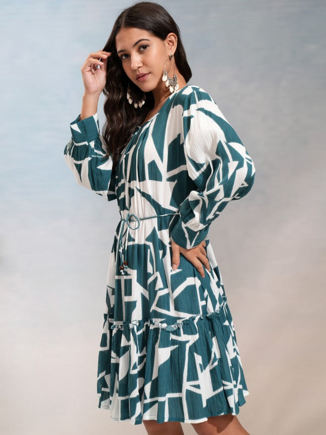 Vishudh Women Blue Printed Fit And Flare Dress - Blue - Image 4