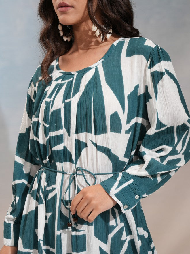 Vishudh Women Blue Printed Fit And Flare Dress - Blue - Image 5