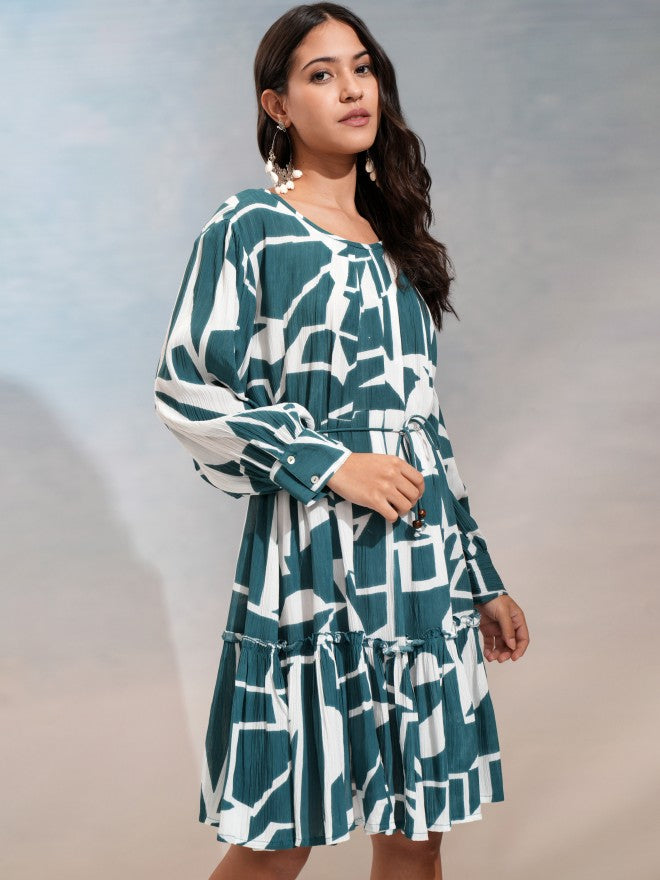 Vishudh Women Blue Printed Fit And Flare Dress - Blue - Image 6