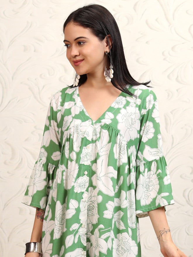 Vishudh women Green Printed A-Line Dress - Green - Image 1