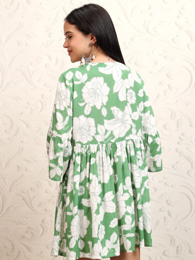 Vishudh women Green Printed A-Line Dress - Green - Image 3