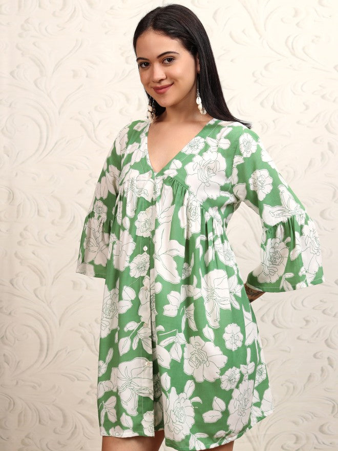 Vishudh women Green Printed A-Line Dress - Green - Image 4