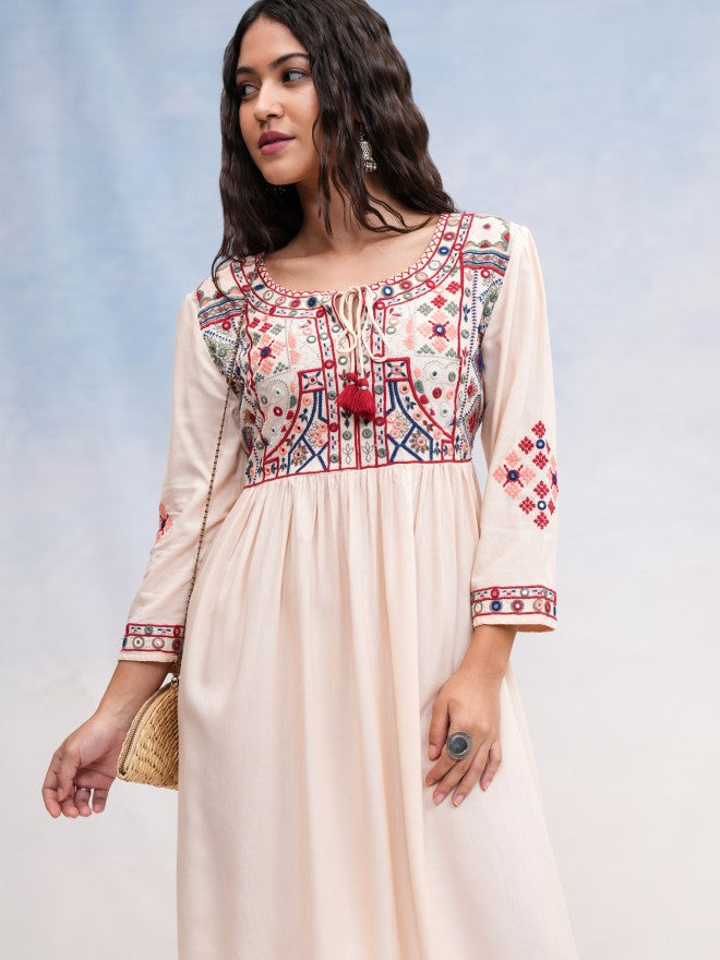 Vishudh Women Beige Embroidered A-Line Dress - Beige - Image 1