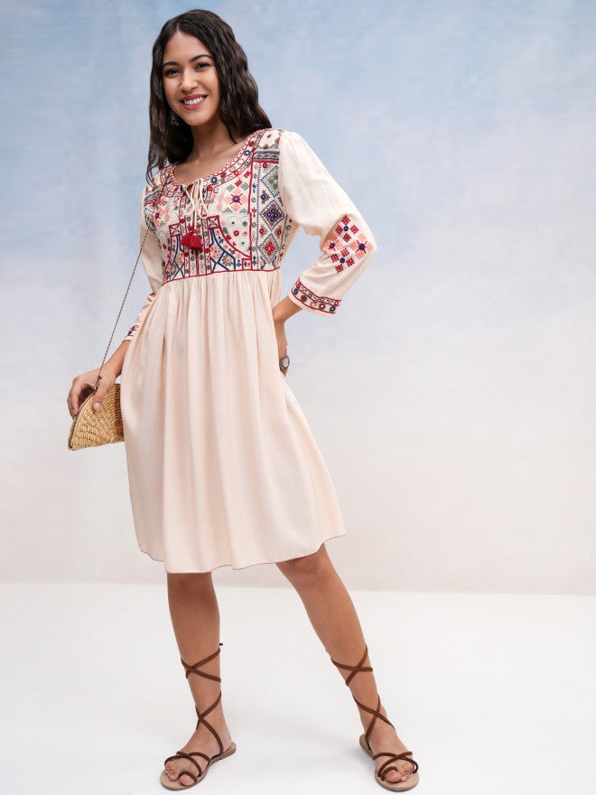 Vishudh Women Beige Embroidered A-Line Dress - Beige - Image 2