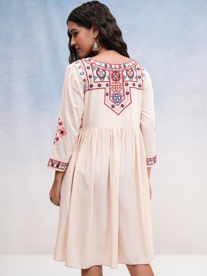 Vishudh Women Beige Embroidered A-Line Dress - Beige - Image 3