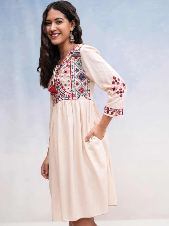 Vishudh Women Beige Embroidered A-Line Dress - Beige - Image 4