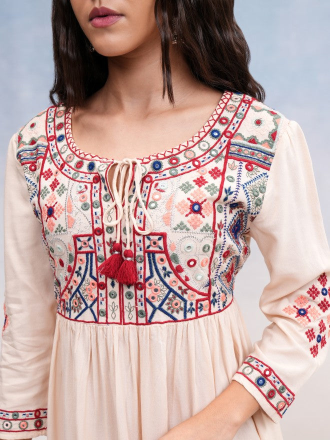 Vishudh Women Beige Embroidered A-Line Dress - Beige - Image 5