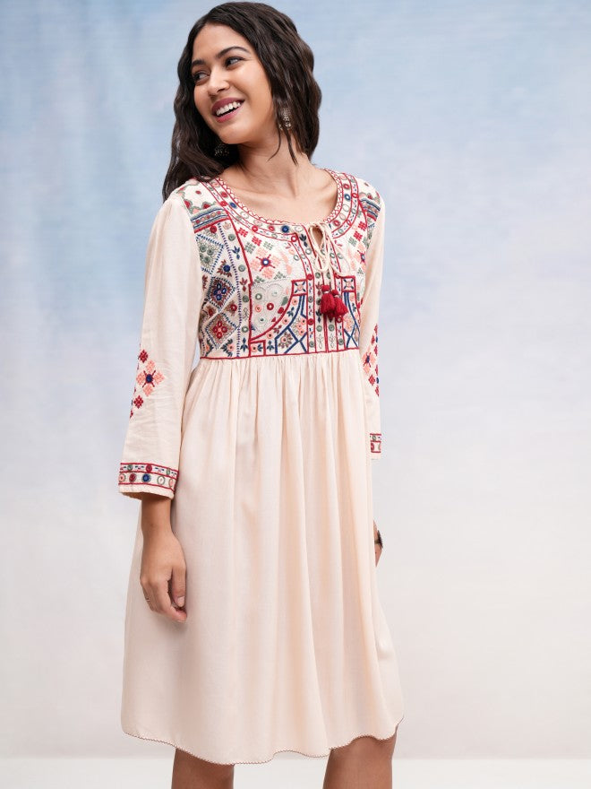 Vishudh Women Beige Embroidered A-Line Dress - Beige - Image 6