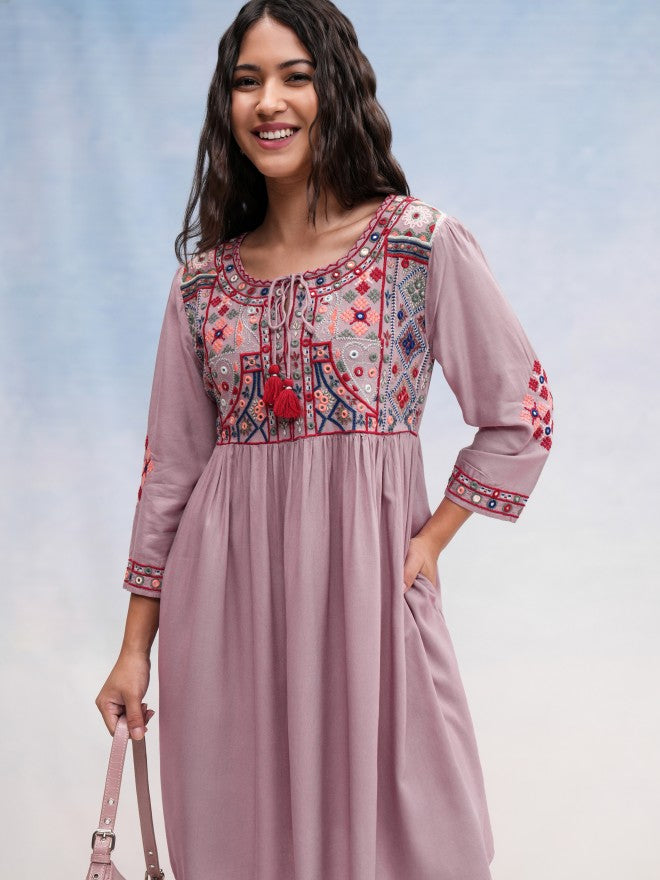 Vishudh women Mauve Embroidered A-Line Dress - Mauve - Image 1