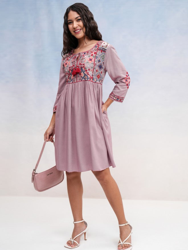 Vishudh women Mauve Embroidered A-Line Dress - Mauve - Image 2