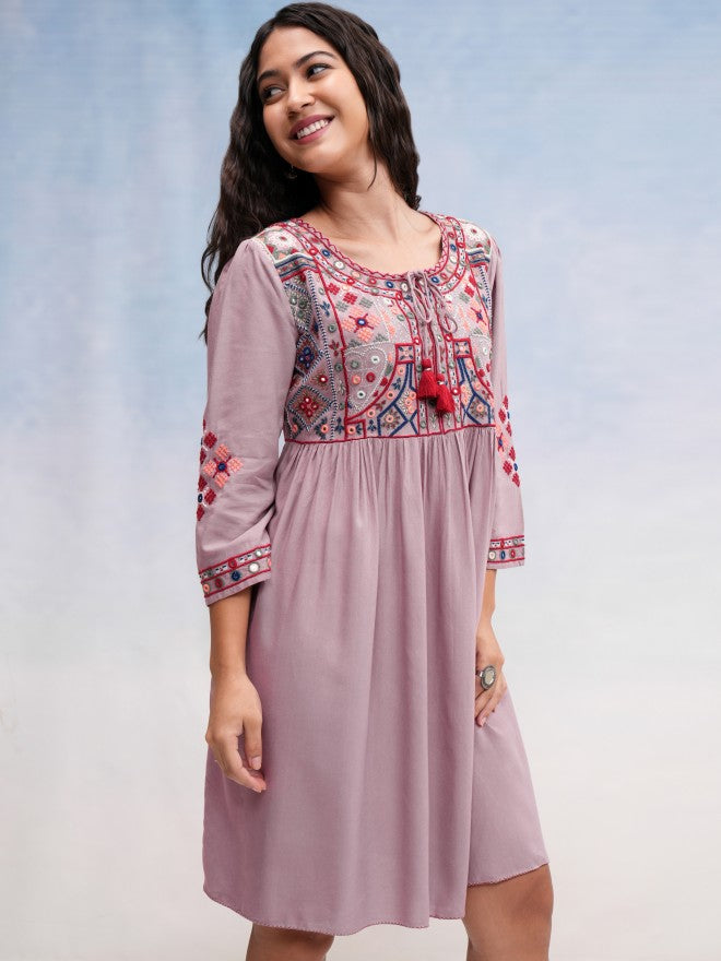Vishudh women Mauve Embroidered A-Line Dress - Mauve - Image 6