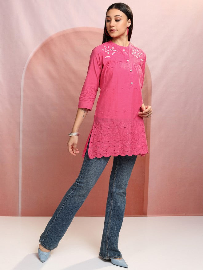 Vishudh Women Pink Embroidered Tunic - Pink - Image 2