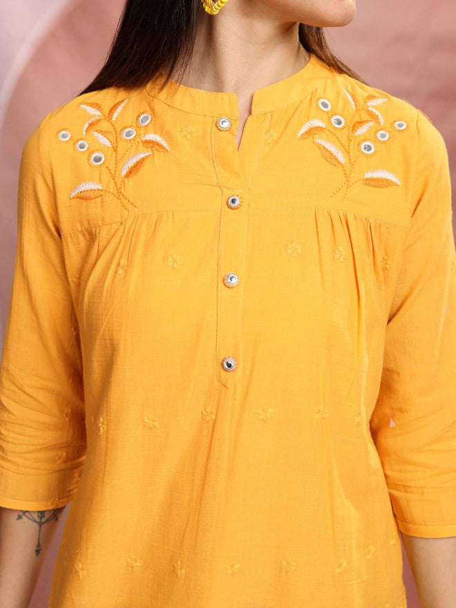 Vishudh Women Mustard Embroidered Tunic - Mustard - Image 5