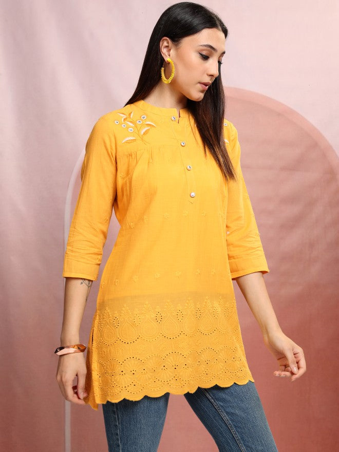 Vishudh Women Mustard Embroidered Tunic - Mustard - Image 6