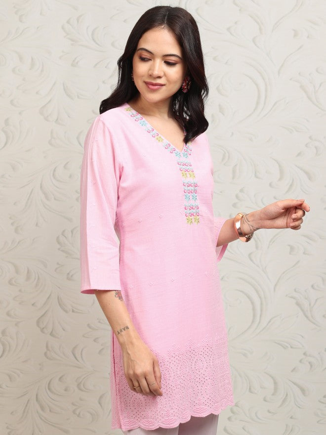 Vishudh Women Pink Embroidered Tunic - Pink - Image 6