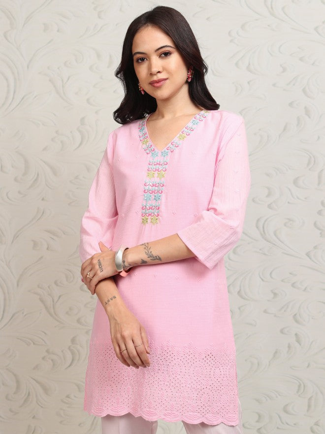 Vishudh Women Pink Embroidered Tunic - Pink - Image 7