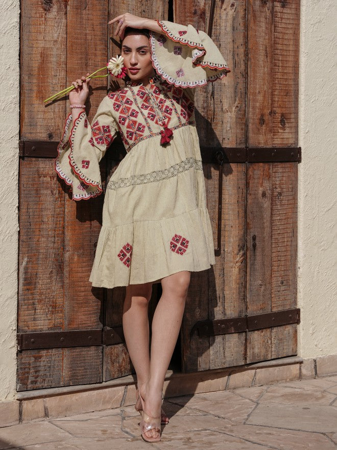 Vishudh Women Beige Embroidered A-Line Dress - Beige - Image 1