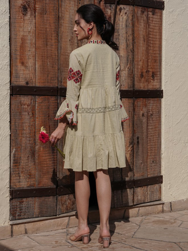 Vishudh Women Beige Embroidered A-Line Dress - Beige - Image 3