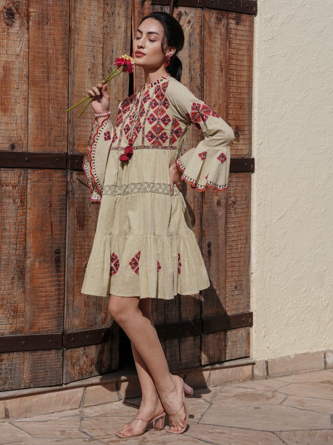 Vishudh Women Beige Embroidered A-Line Dress - Beige - Image 4
