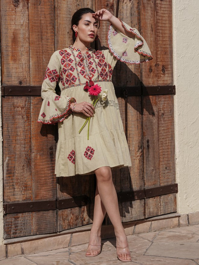 Vishudh Women Beige Embroidered A-Line Dress - Beige - Image 6