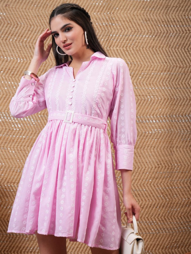 Vishudh Women Pink Embroidered Shirt Dress - Pink - Image 1