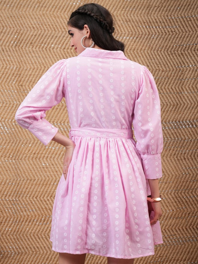 Vishudh Women Pink Embroidered Shirt Dress - Pink - Image 3