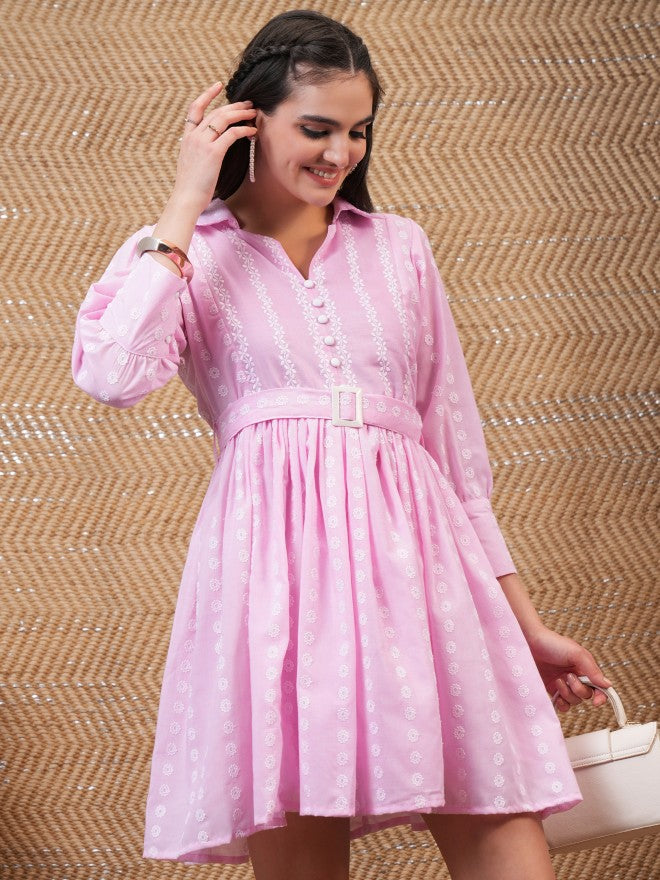 Vishudh Women Pink Embroidered Shirt Dress - Pink - Image 6