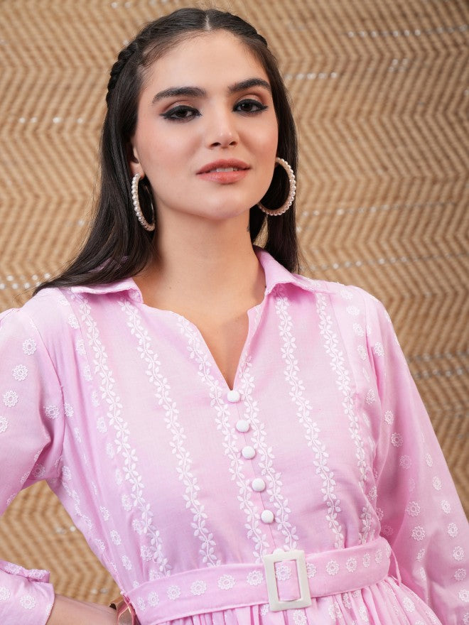 Vishudh Women Pink Embroidered Shirt Dress - Pink - Image 7