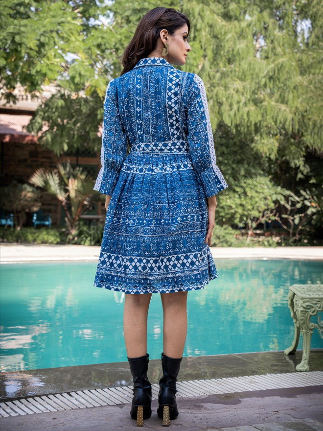 Vishudh Women Blue Embroidered A-Line Dress - Blue - Image 3