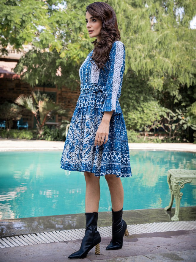 Vishudh Women Blue Embroidered A-Line Dress - Blue - Image 4
