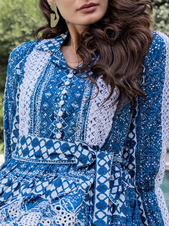 Vishudh Women Blue Embroidered A-Line Dress - Blue - Image 5