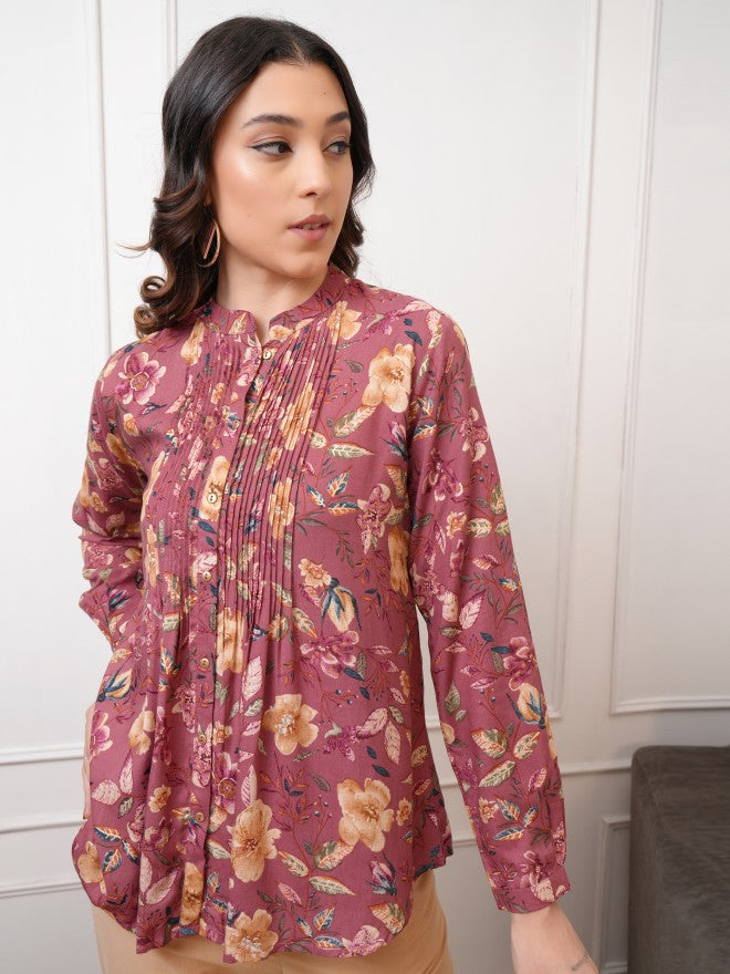 Vishudh Women Brown Printed Shirt Style Top - Brown - Image 1
