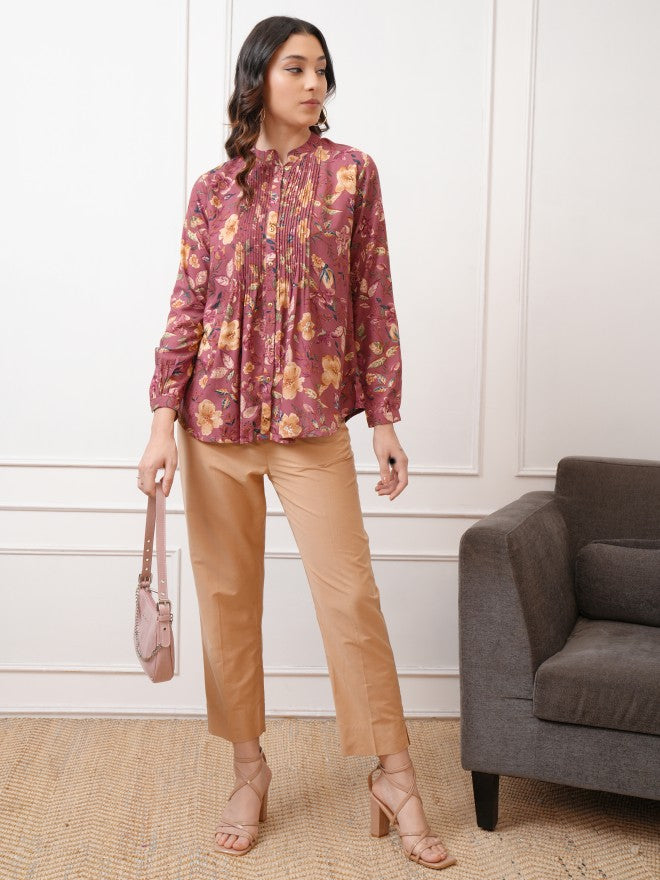 Vishudh Women Brown Printed Shirt Style Top - Brown - Image 2