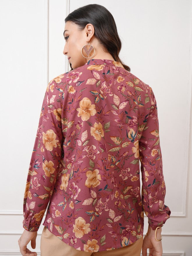 Vishudh Women Brown Printed Shirt Style Top - Brown - Image 3